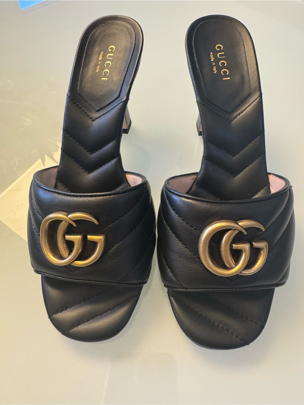 Gucci Nappa Matelasse GG Marmont 75mm Slide Sandals Size 36 Black
